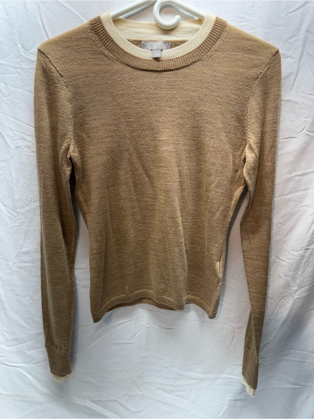 J.Crew 100% Merino Wool Layered Crewneck Sweater Camel Ivory Small